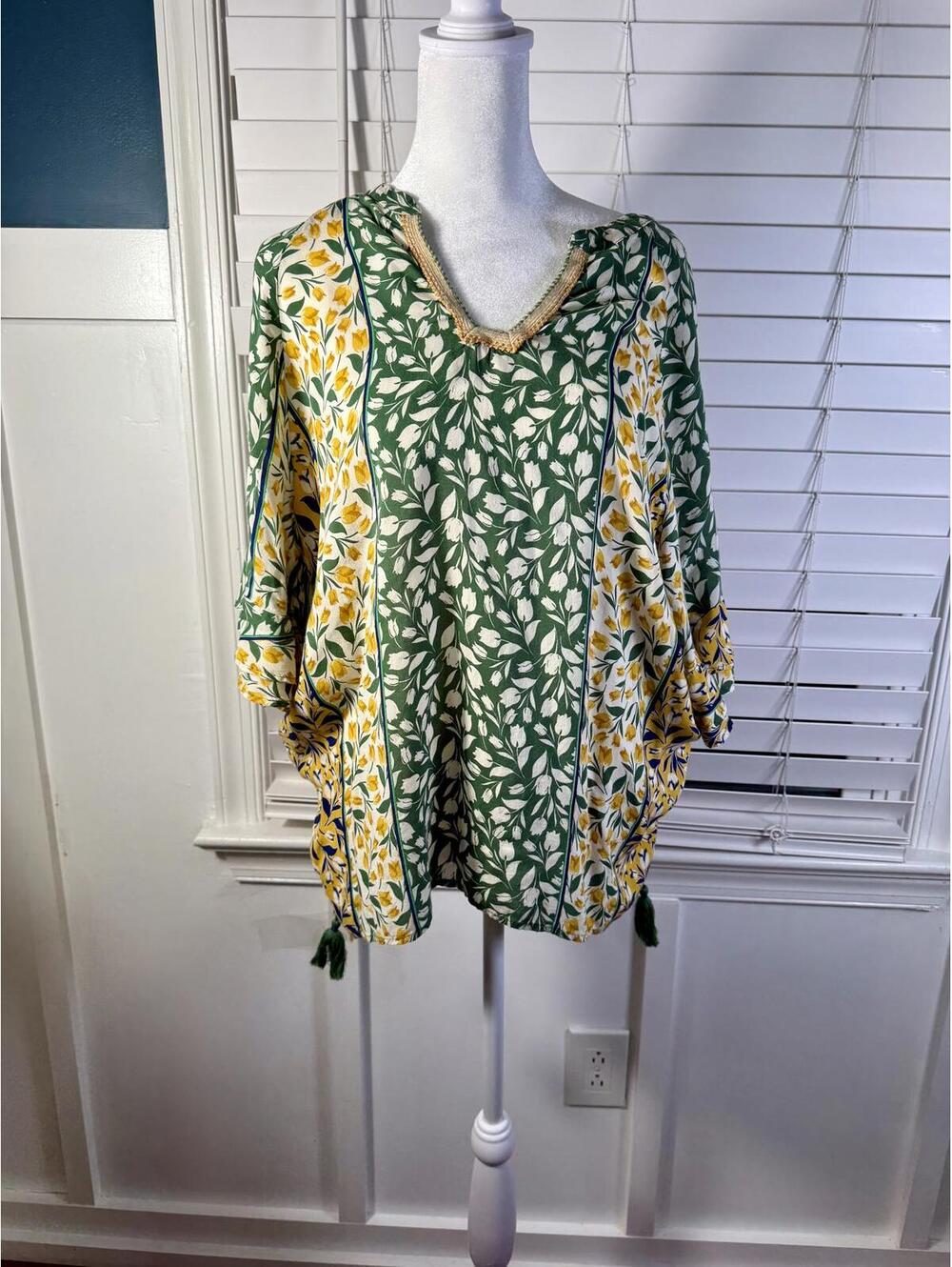 Democracy XL Mixed Floral Leaf Print Boho Blouse Kimono Sleeve Tassel Ties